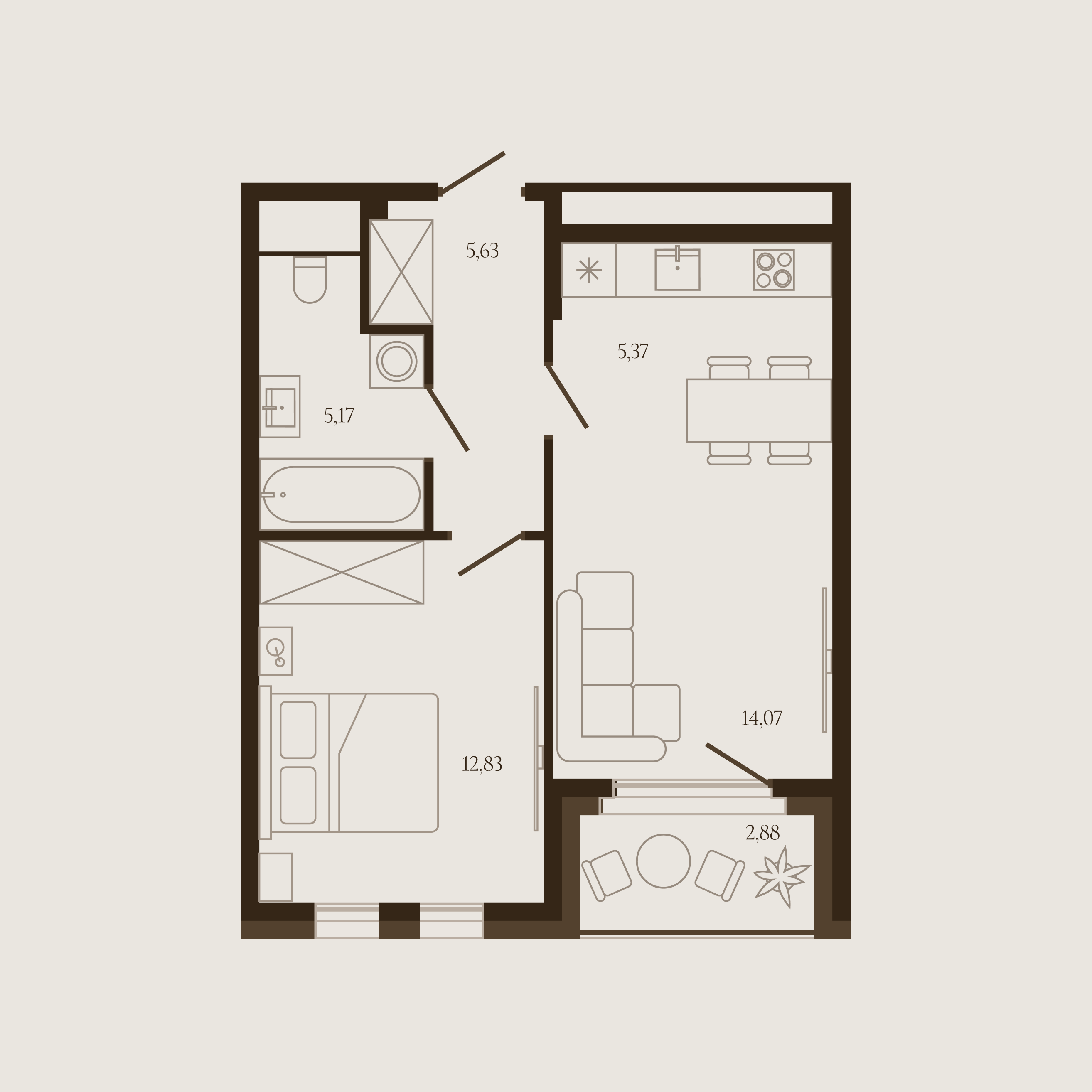Планировка — Квартира №332 — 44.51 м²